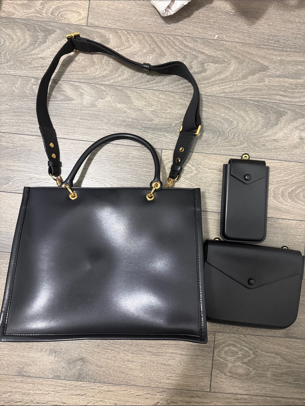 Charles & Keith Black Leather Tote with Removable Strap and Accessory Pouches